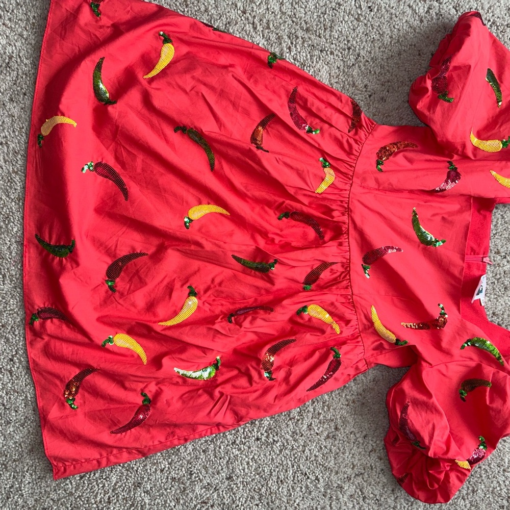 Queen of Sparkles Red Dress with Colorful Chili Pepper Embroidery